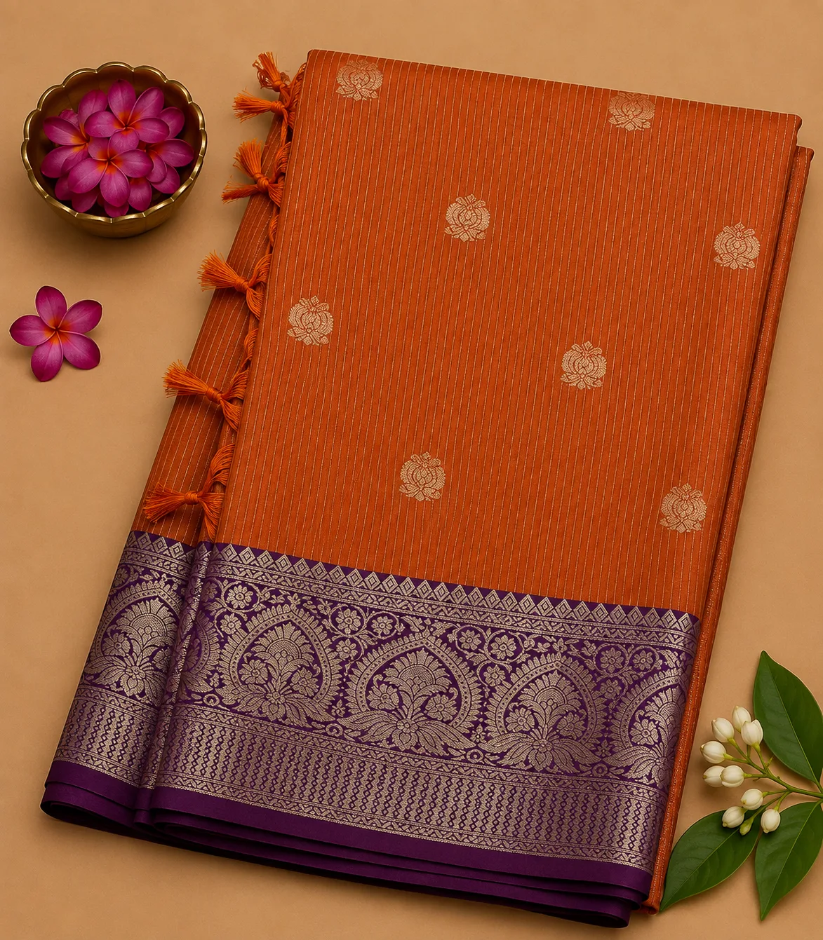 2371 Soft Semi Silk Saree in Rust Orange with Gold Zari Vertical Lines and Purple Traditional Woven Border