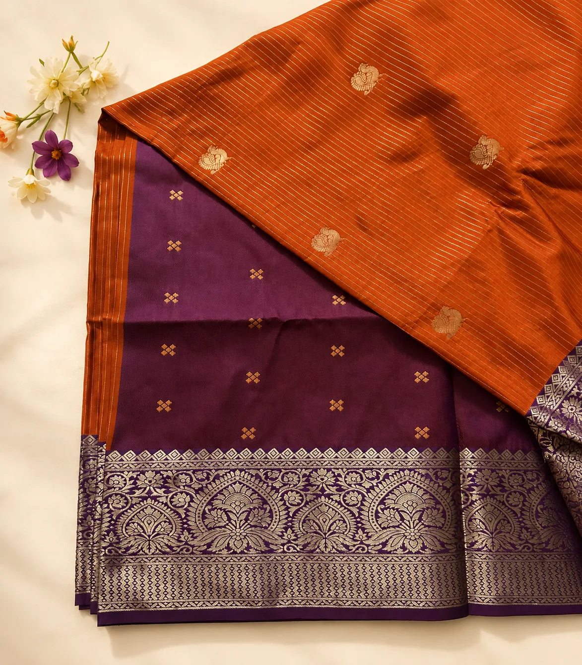 2371 Soft Semi Silk Saree in Rust Orange with Gold Zari Vertical Lines and Purple Traditional Woven Border
