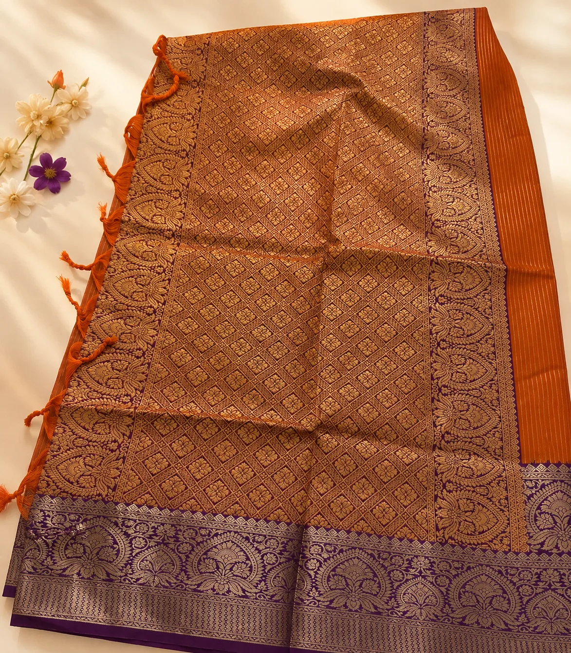 2371 Soft Semi Silk Saree in Rust Orange with Gold Zari Vertical Lines and Purple Traditional Woven Border