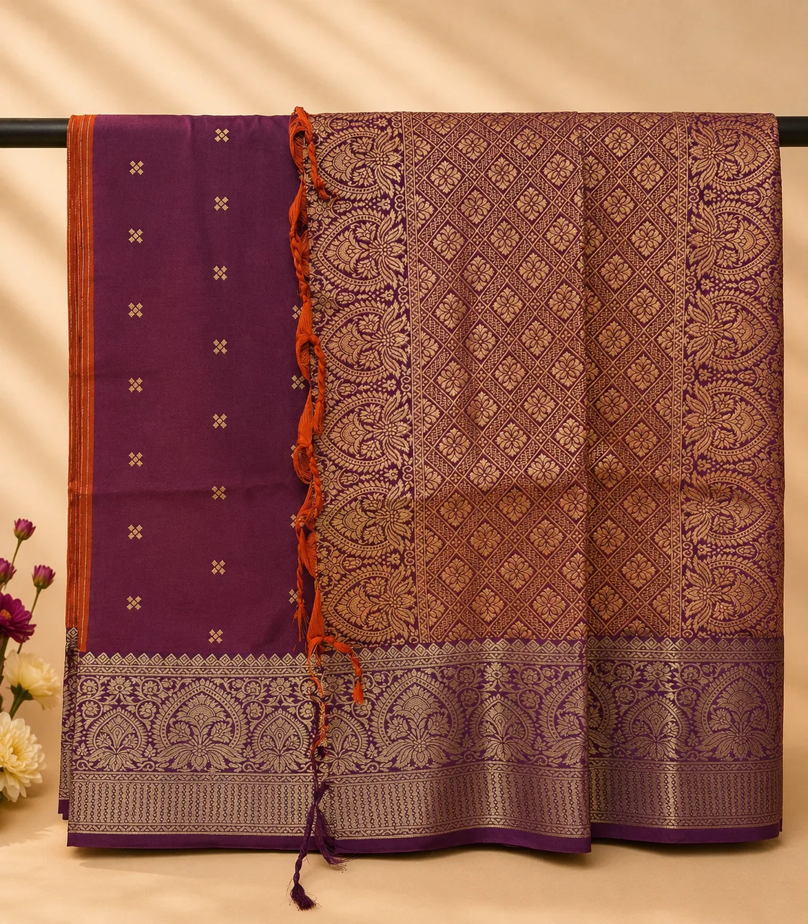 2371 Soft Semi Silk Saree in Rust Orange with Gold Zari Vertical Lines and Purple Traditional Woven Border