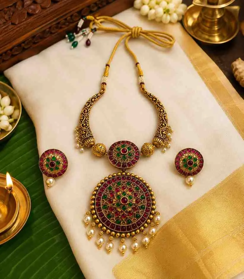 5649 Antique Gold Filigree Jewelry with Matching Earrings