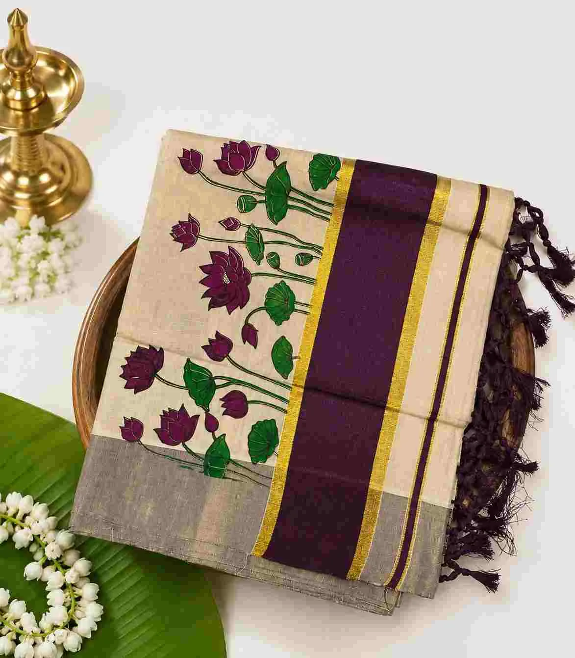 2352  Onam Special Collection Kerala Tissue Purple Border and Floral Prints with Tussels