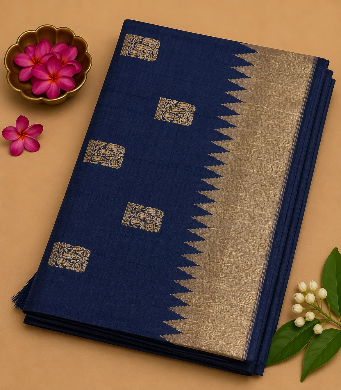 2366 Semi Tussar Saree in Navy Blue with Temple Border