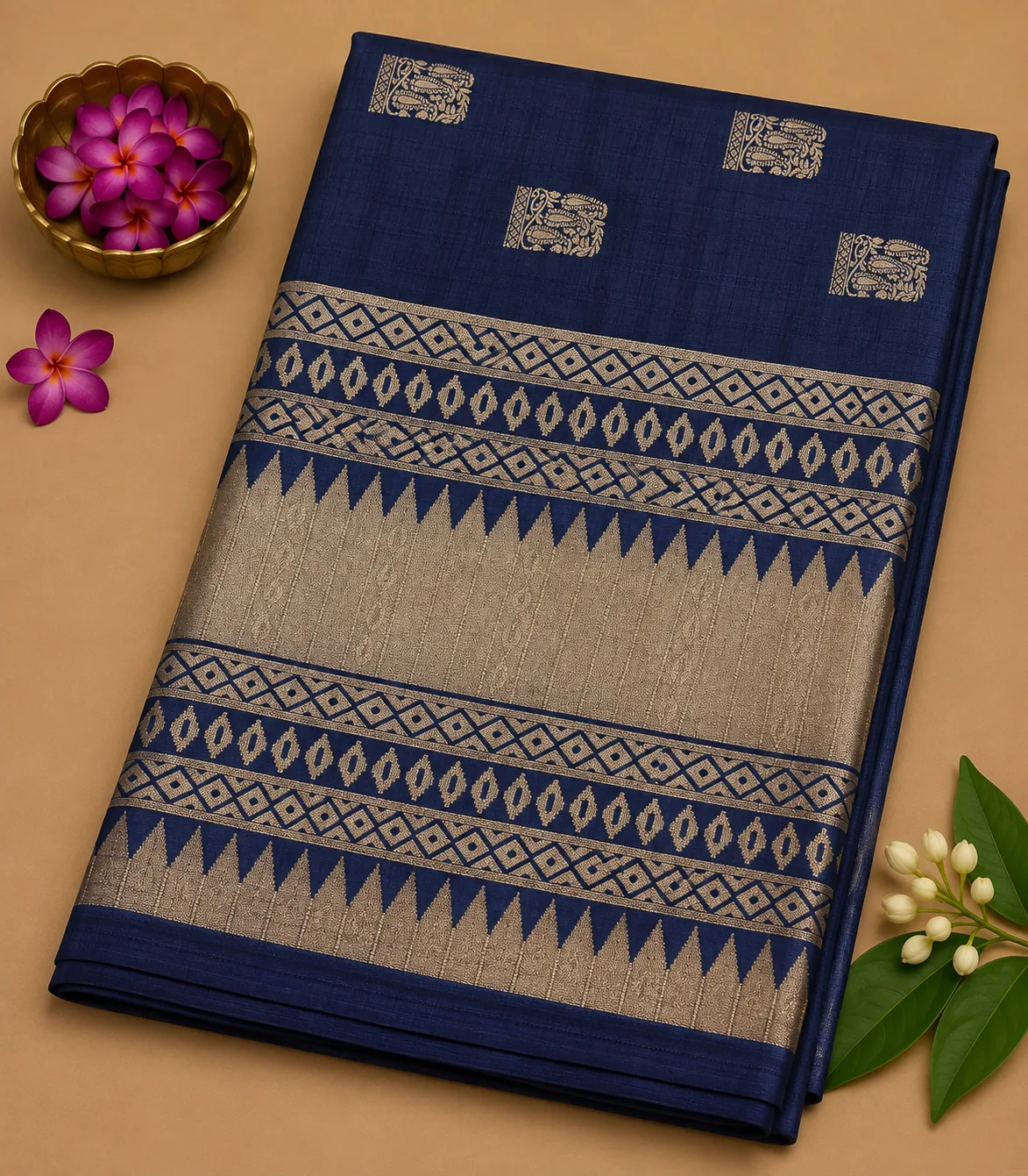2366 Semi Tussar Saree in Navy Blue with Temple Border
