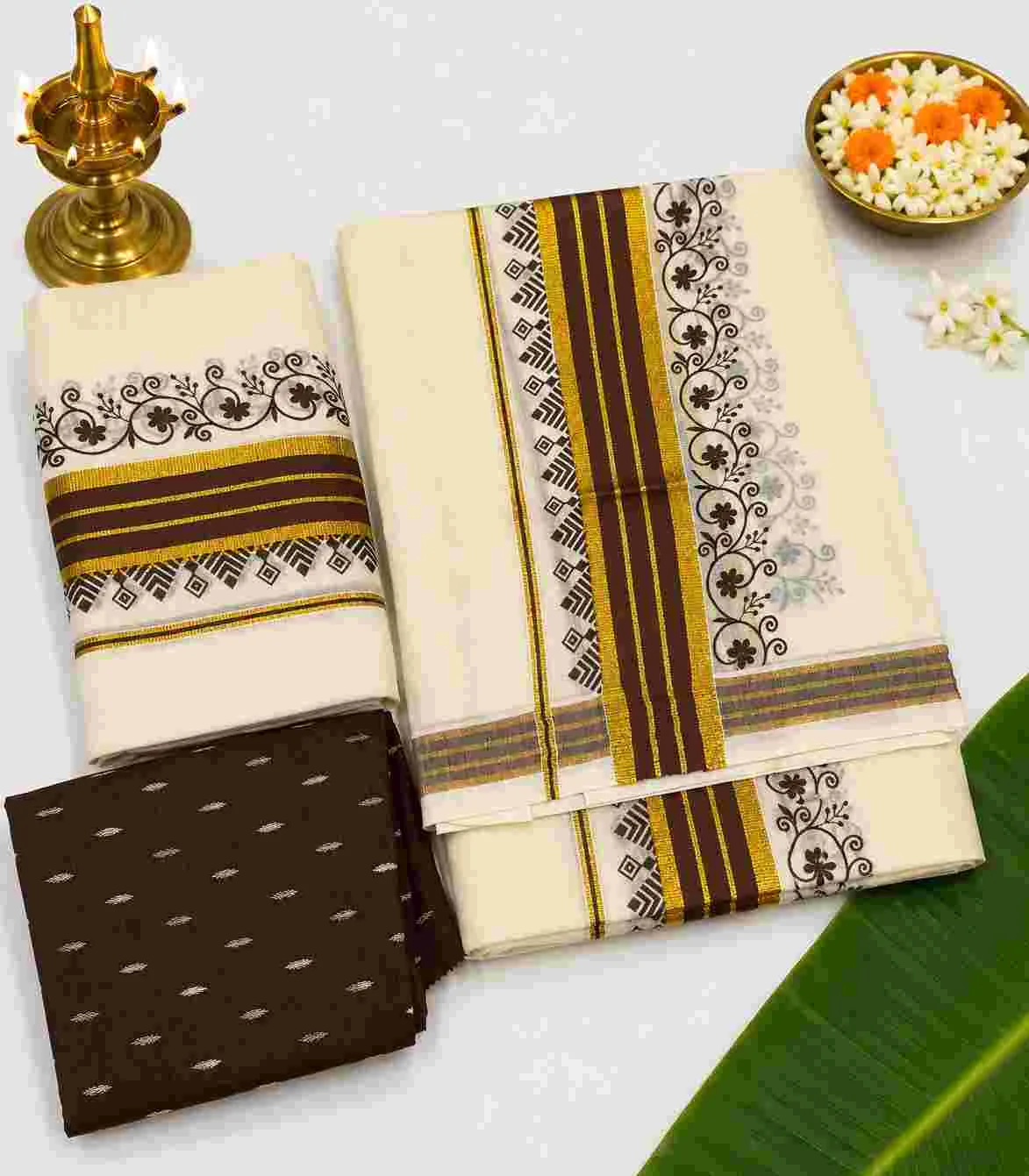 2354  Kerala Cotton Set Mundu with Coffee Brown Kara & Hand Print Motif  with Gold Zari Border 2.25M