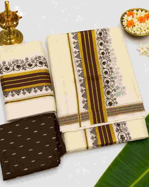 2354 Kerala Cotton Set Mundu with Coffee Brown Kara & Hand Print Motif with Gold Zari Border 2.25M — shop at GeeStores