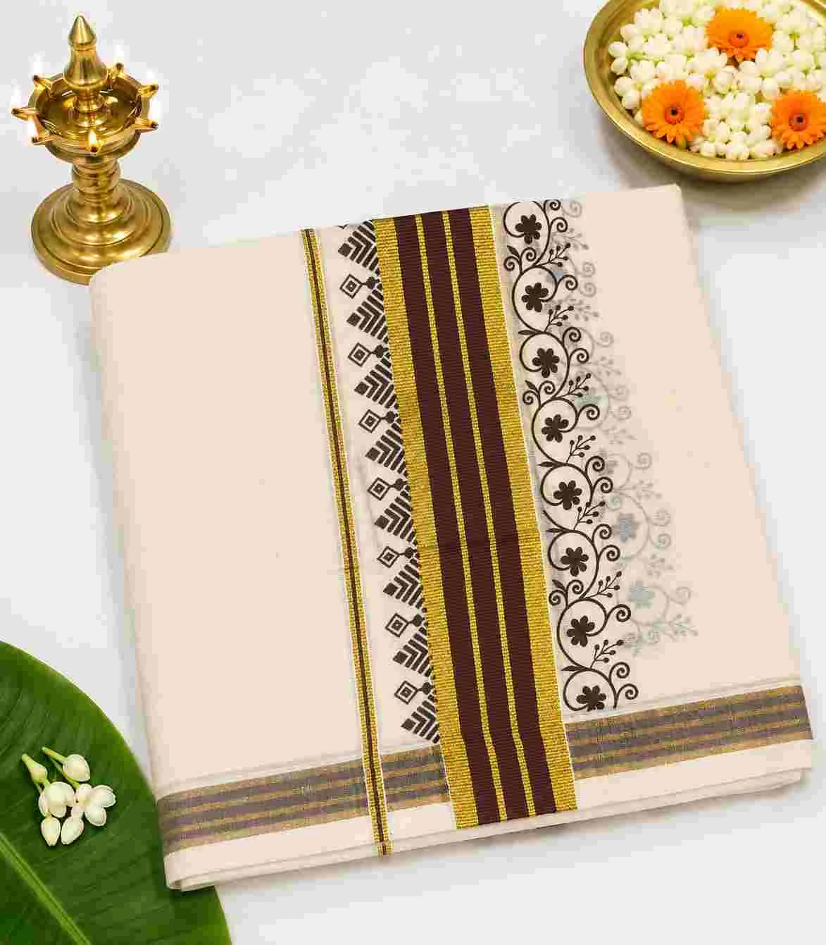 2354  Kerala Cotton Set Mundu with Coffee Brown Kara & Hand Print Motif  with Gold Zari Border 2.25M