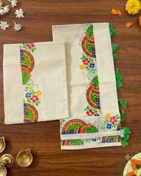 2350 Kerala Mural Print Set Mundu in Kathakali Motif and Floral Borders — shop at GeeStores