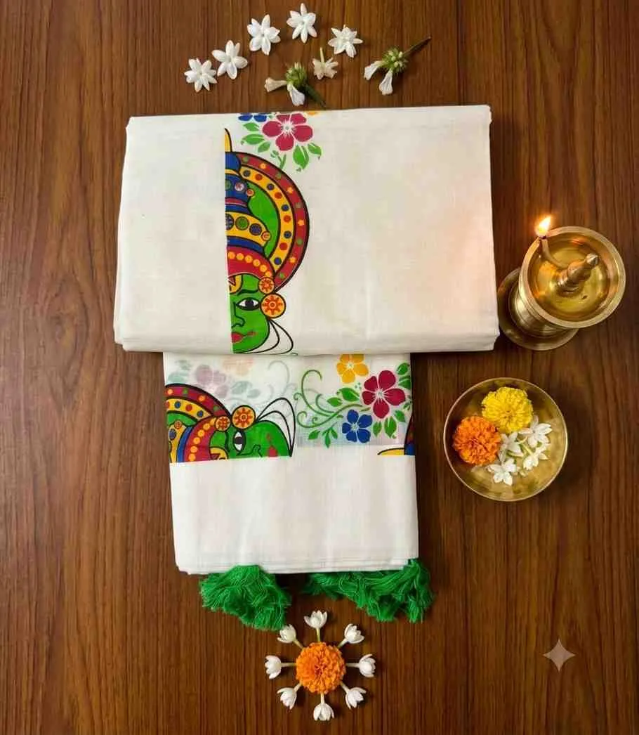2350 Kerala Mural Print Set Mundu in Kathakali Motif and Floral Borders