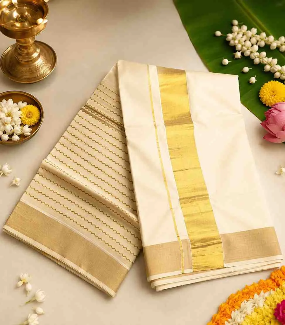 2330 Kerala Cotton Kasavu Saree with Broad Golden Zari Zig Zag Design Border