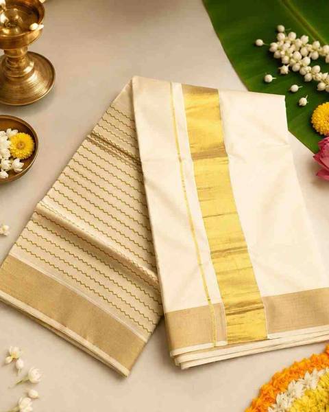 2330 Kerala Cotton Kasavu Saree with Broad Golden Zari Zig Zag Design Border — shop at GeeStores