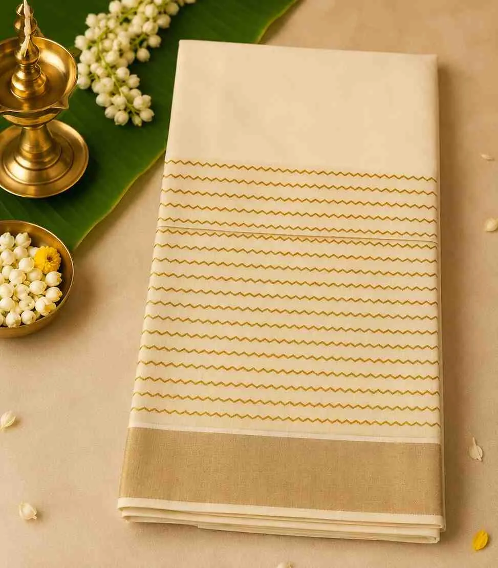 2330 Kerala Kasavu Saree with Broad Golden Zari Zig Zag Design Border