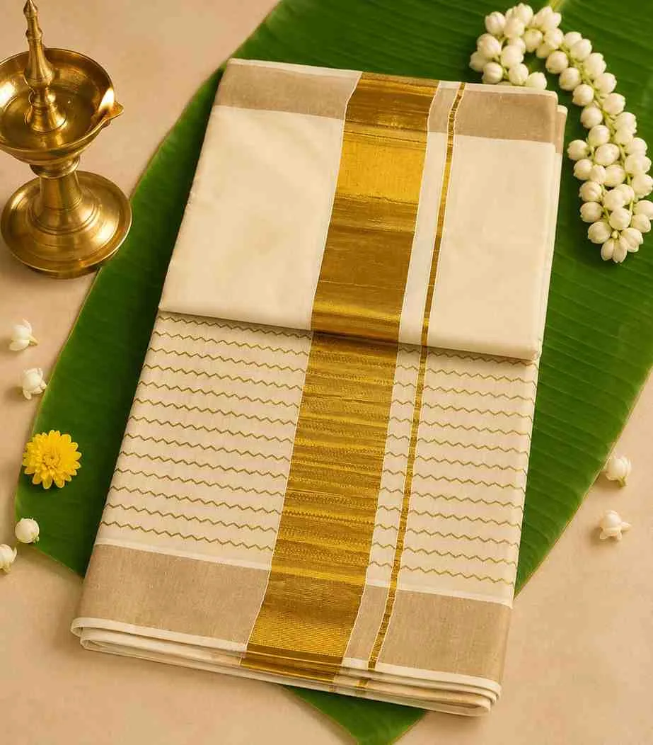 2330 Kerala Kasavu Saree with Broad Golden Zari Zig Zag Design Border