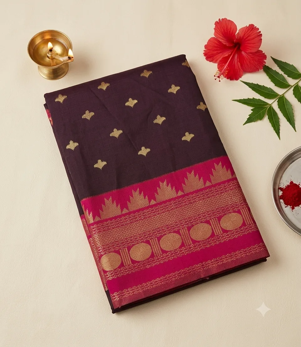 2379 Dark Brown Soft Semi Silk Saree with Rani Pink Korvai Zari Border