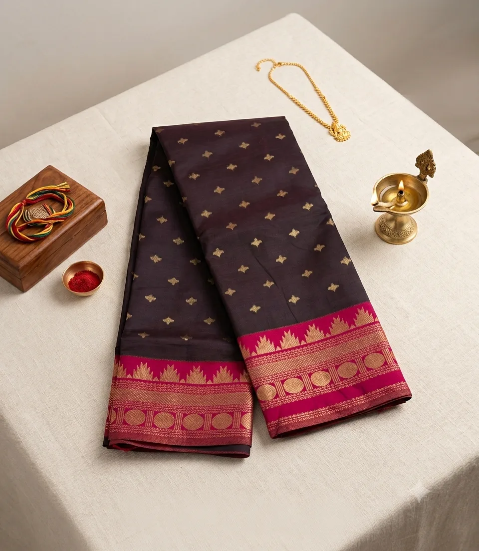 2379 Dark Brown Soft Semi Silk Saree with Rani Pink Korvai Zari Border