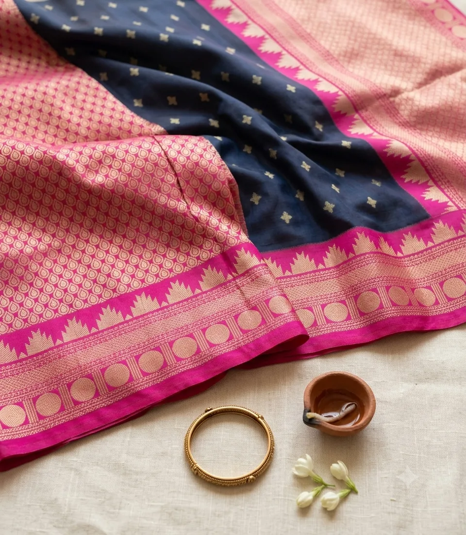 2379 Dark Brown Soft Semi Silk Saree with Rani Pink Korvai Zari Border
