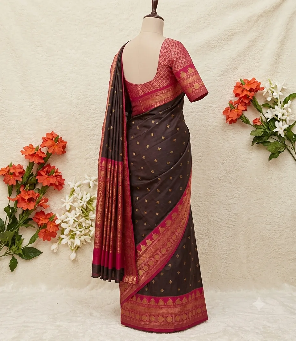 2379 Dark Brown Soft Semi Silk Saree with Rani Pink Korvai Zari Border