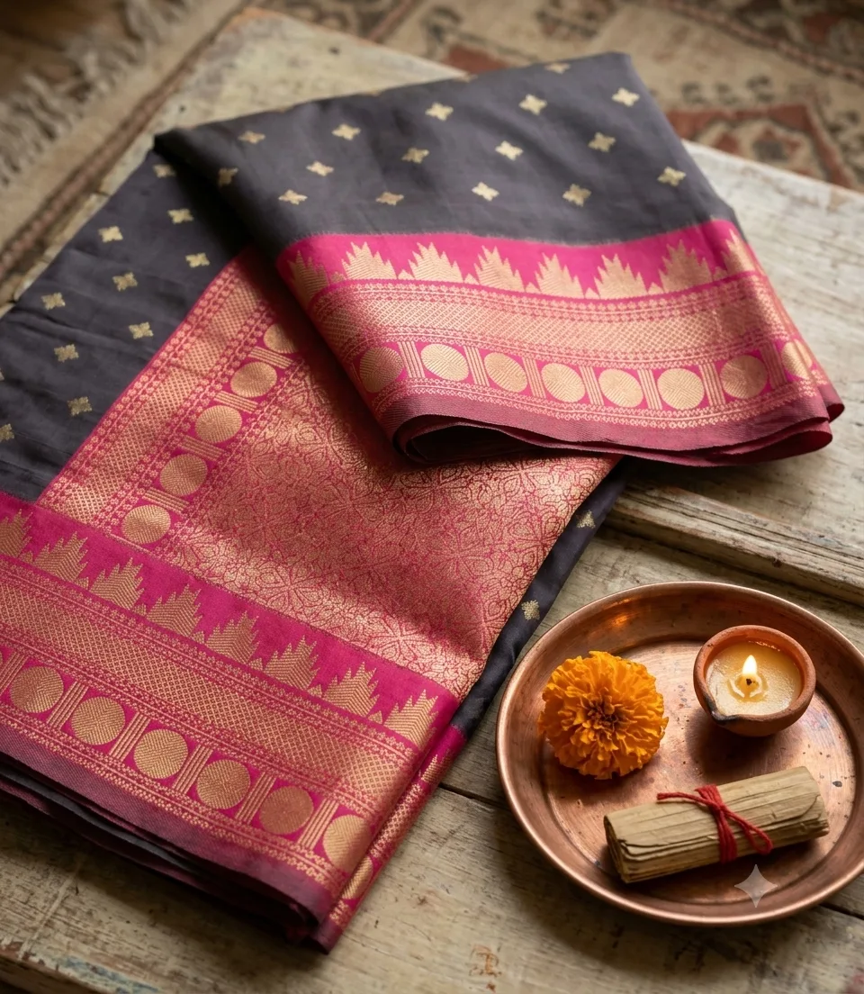 2379 Dark Brown Soft Semi Silk Saree with Rani Pink Korvai Zari Border