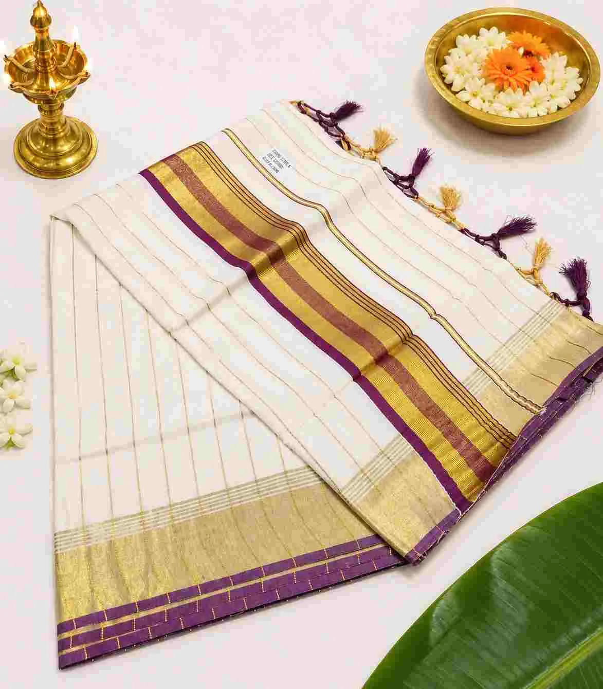 2357 Traditional Kerala Kasavu Saree with Elegant Purple and Gold Border