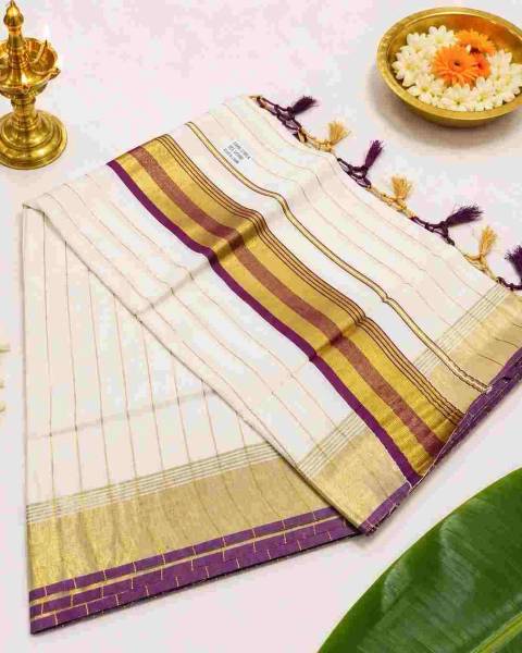 2357 Traditional Kerala Kasavu Saree with Elegant Purple and Gold Border — shop at GeeStores