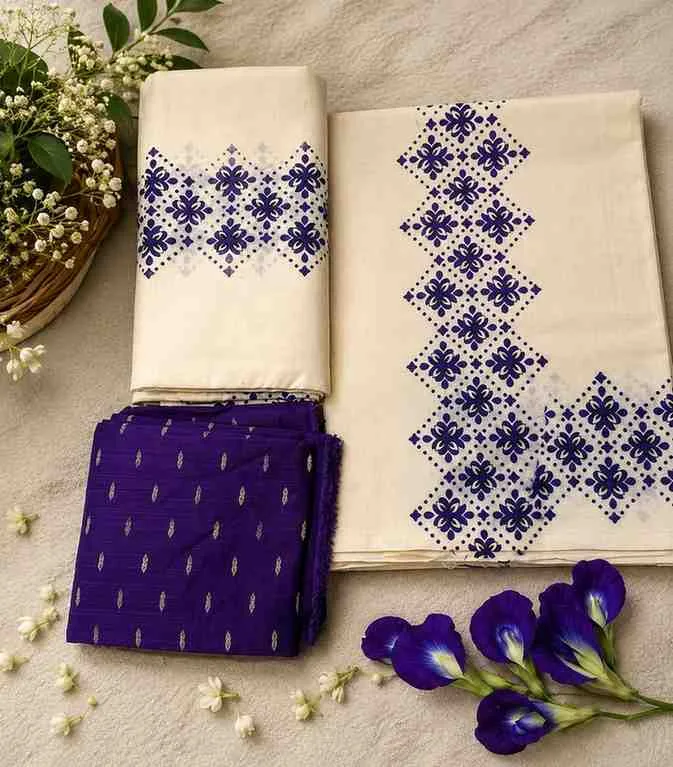 2286 Kerala Set Mundu with Purple Block Print Geometric Design