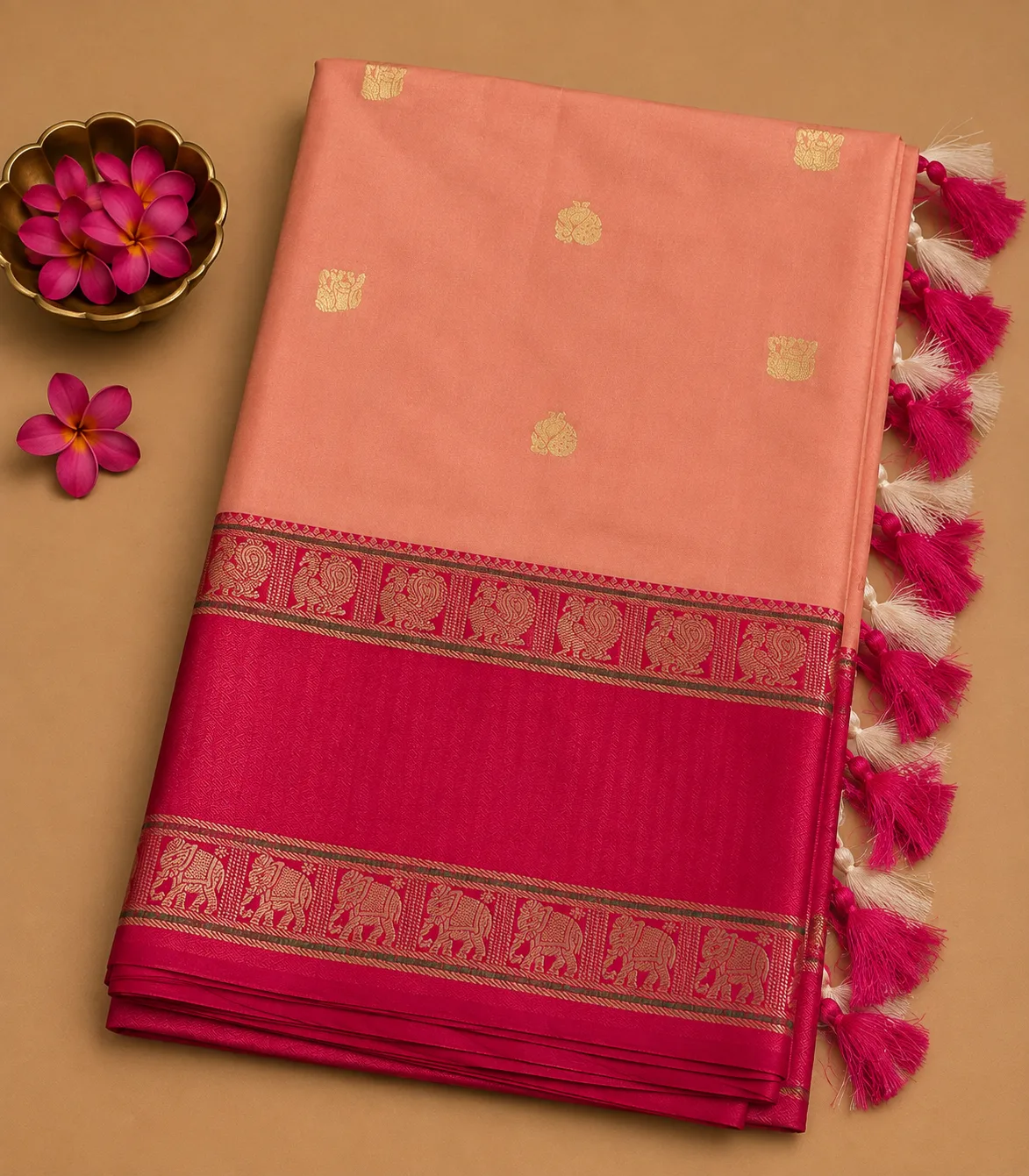 2370 Soft Semi Silk Saree in Peach and Hot Pink soft with Gold Zari Butas and Traditional Woven Border