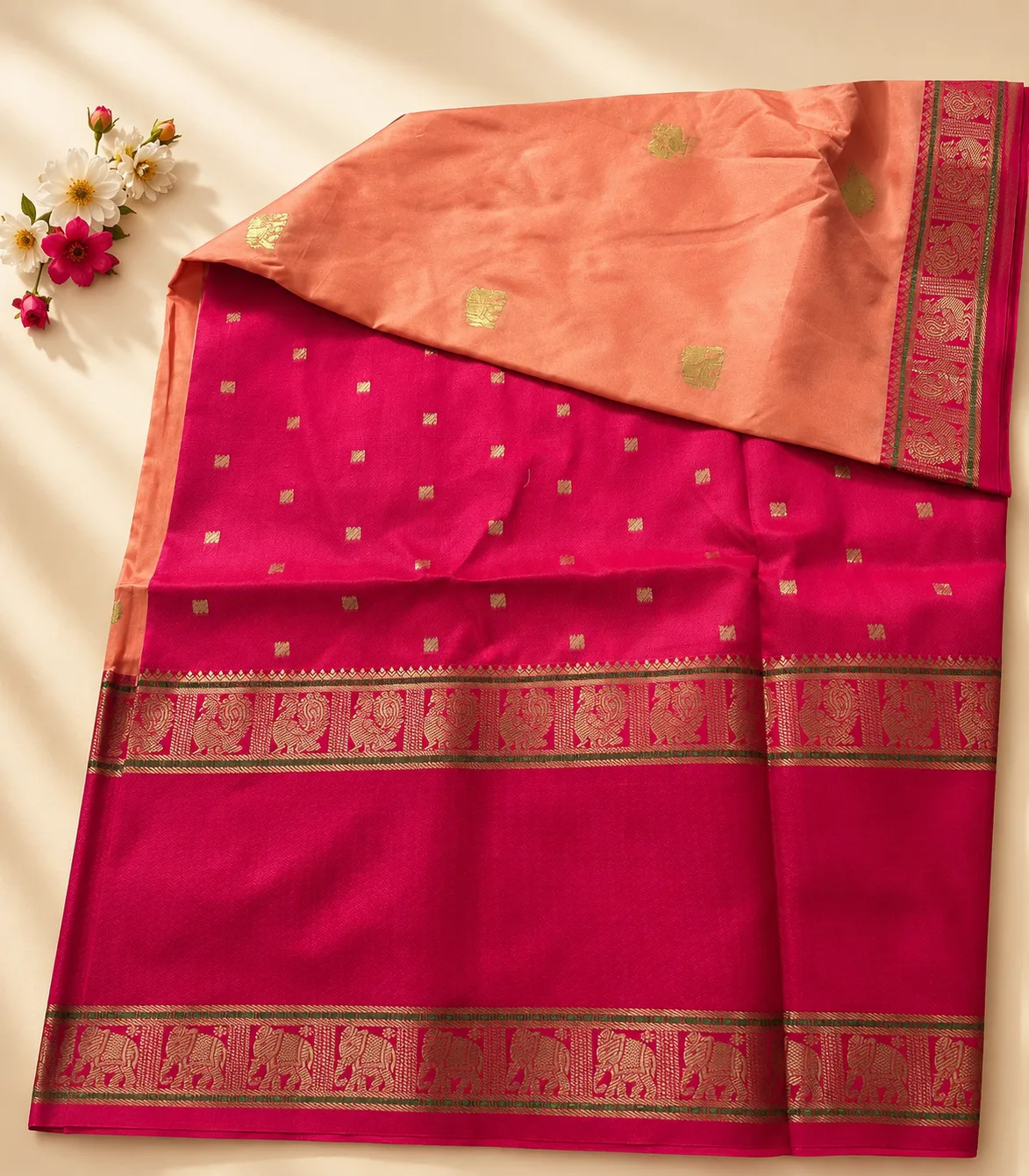 2370 Soft Semi Silk Saree in Peach and Hot Pink soft with Gold Zari Butas and Traditional Woven Border