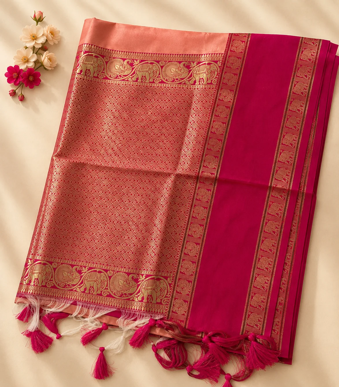 2370 Soft Semi Silk Saree in Peach and Hot Pink soft with Gold Zari Butas and Traditional Woven Border