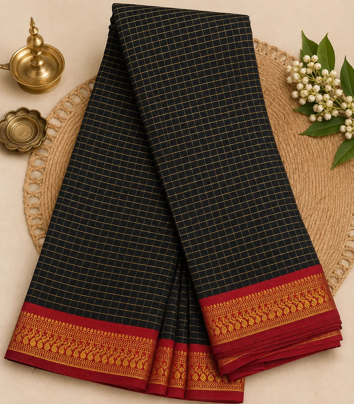 2363 Semi Kanchi Cotton Saree in Black Stripes and Maroon Border