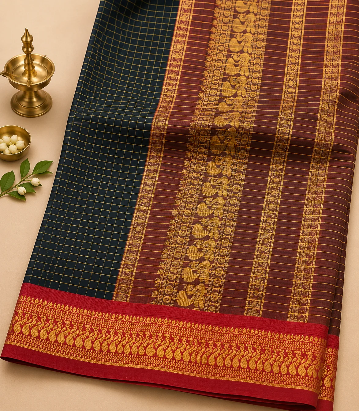 2363 Semi Kanchi Cotton Saree in Black Stripes and Maroon Border