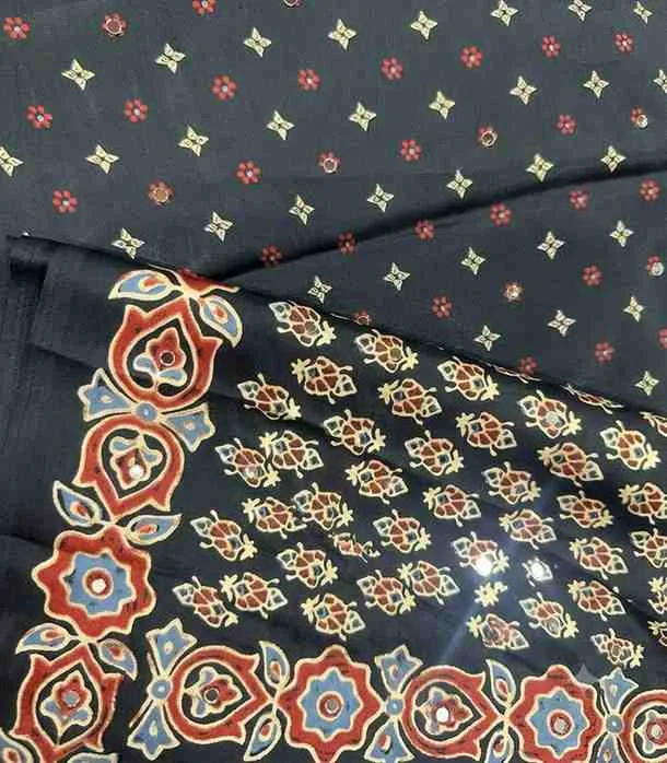  2328 Gaji Silk Ajrakh Print Black Saree with Blouse 