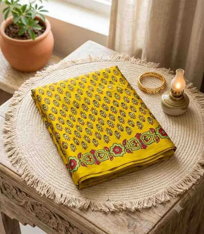 2327 Gaji Silk Ajrakh Print Mustard Yellow Saree with Blouse