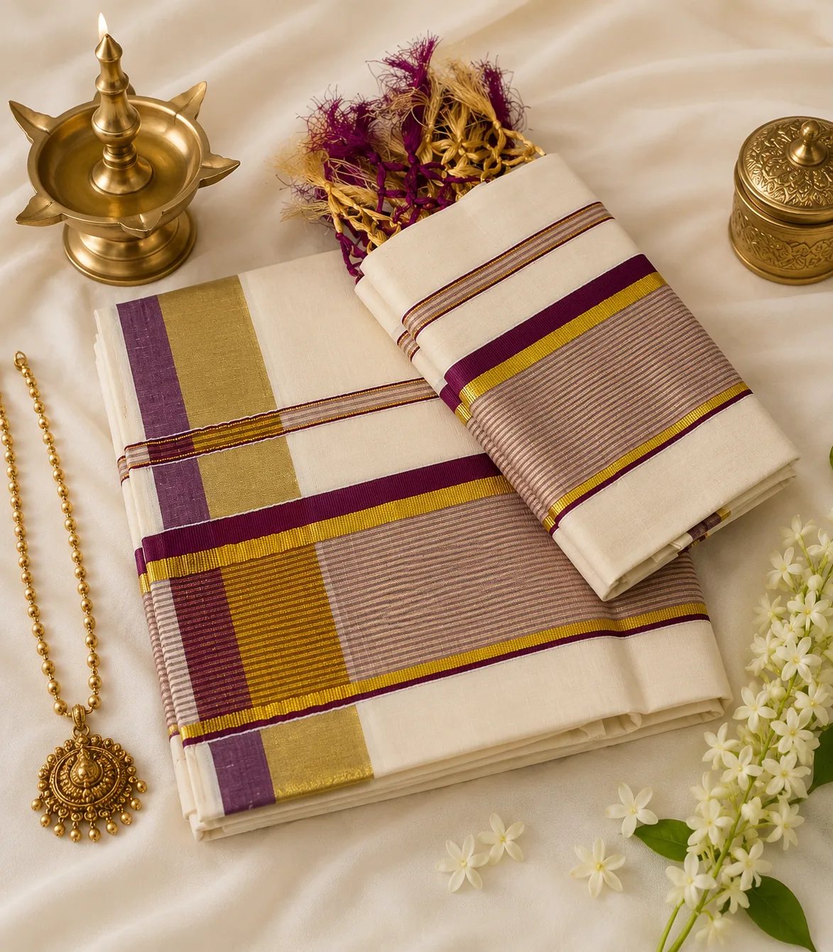 2348 Handloom Cotton Kerala Set Mundu with Purple and Dual-Color Kara with Elegant Tassels