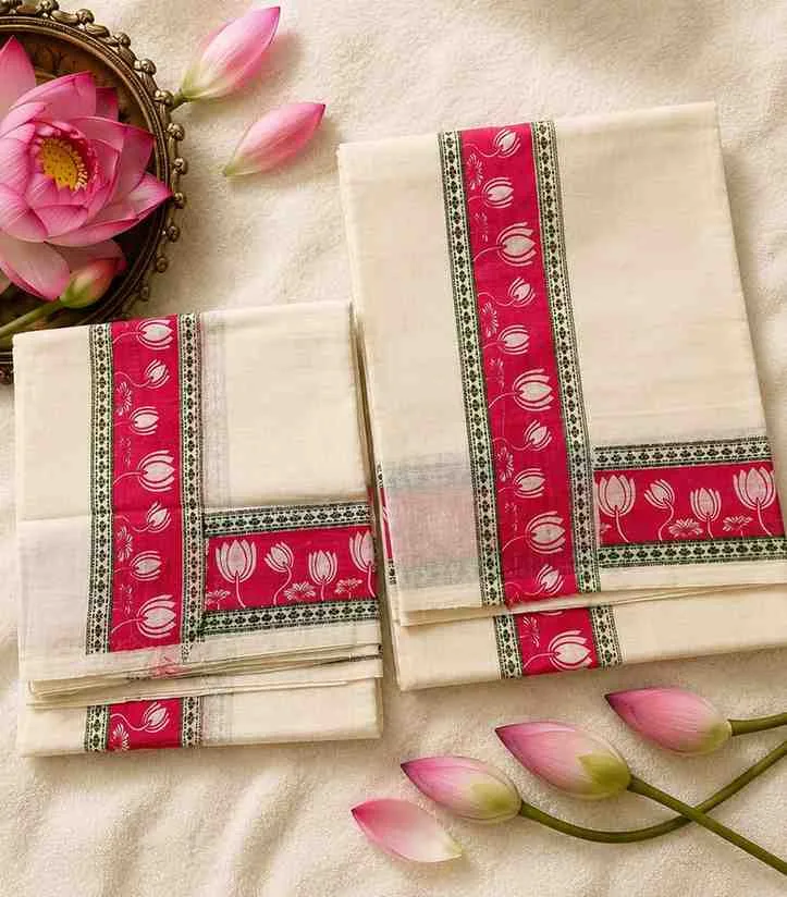 2341 Kerala Cotton Set Mundu with Pink Lotus Block Print Border