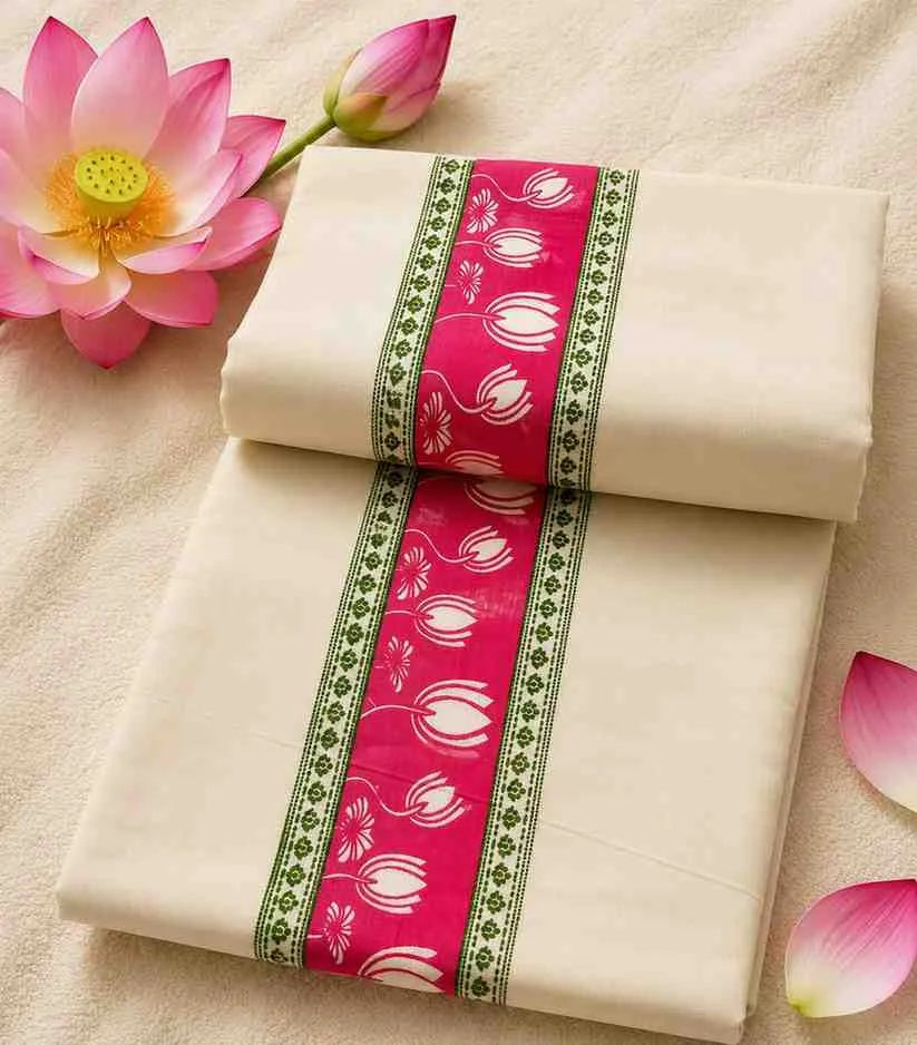 2341 Kerala Cotton Set Mundu with Pink Lotus Block Print Border