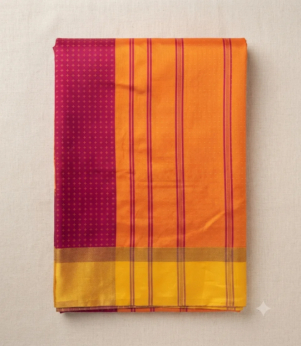 2384 Arani Soft Silk Majenta Saree with Gold Butta Motifs and Contrast Mustard Yellow Border