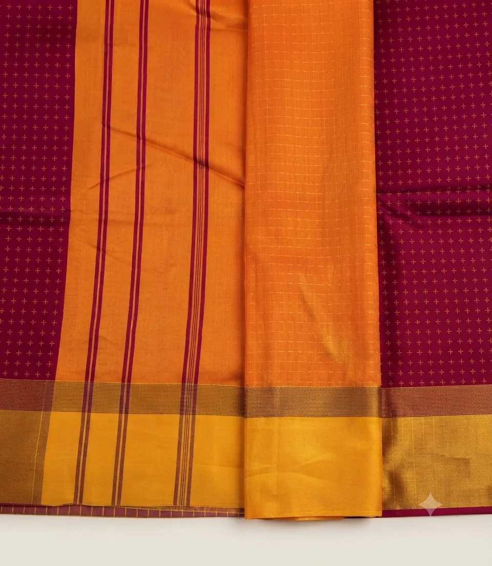 2384 Arani Soft Silk Majenta Saree with Gold Butta Motifs and Contrast Mustard Yellow Border