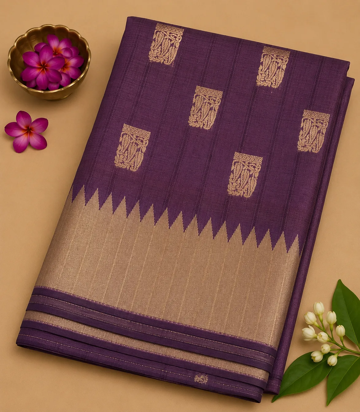2367 Semi Tussar Saree in Purple with Temple Border