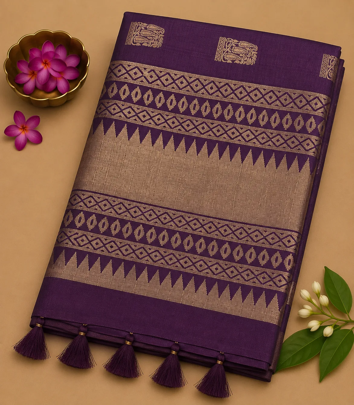 2367 Semi Tussar Saree in Purple with Temple Border