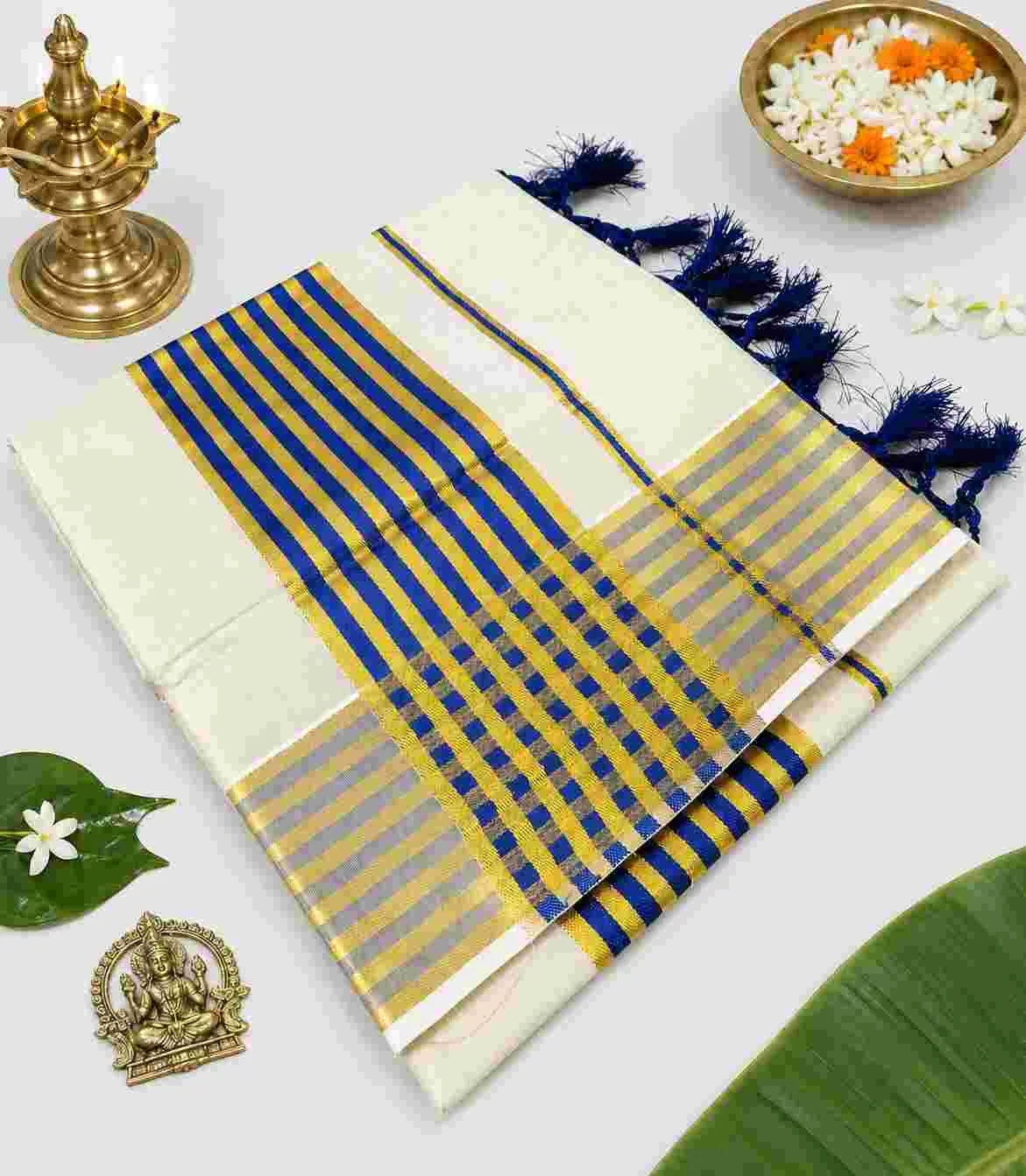 2355 Onam Special Collection Kerala Tissue Saree Gold and Blue Border with Tussels on Pallu