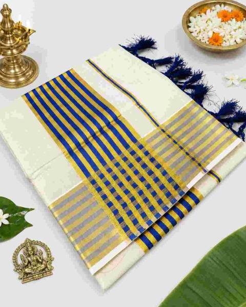 2355 Onam Special Collection Kerala Tissue Saree Gold and Blue Border with Tussels on Pallu — shop at GeeStores
