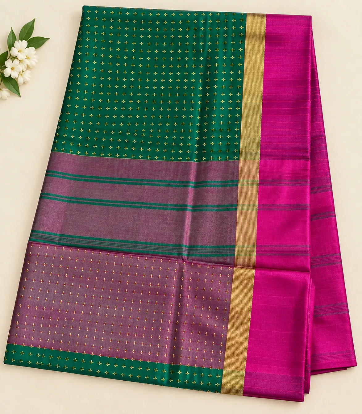 2385 Arani Soft Silk Red Saree with Gold Butta Motifs and Majenta Border