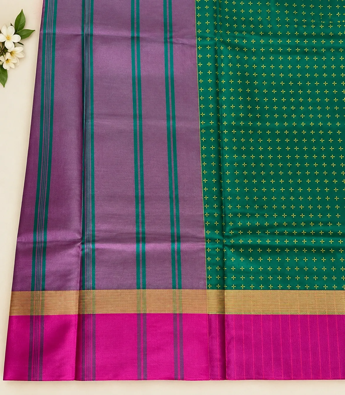 2385 Arani Soft Silk Red Saree with Gold Butta Motifs and Majenta Border