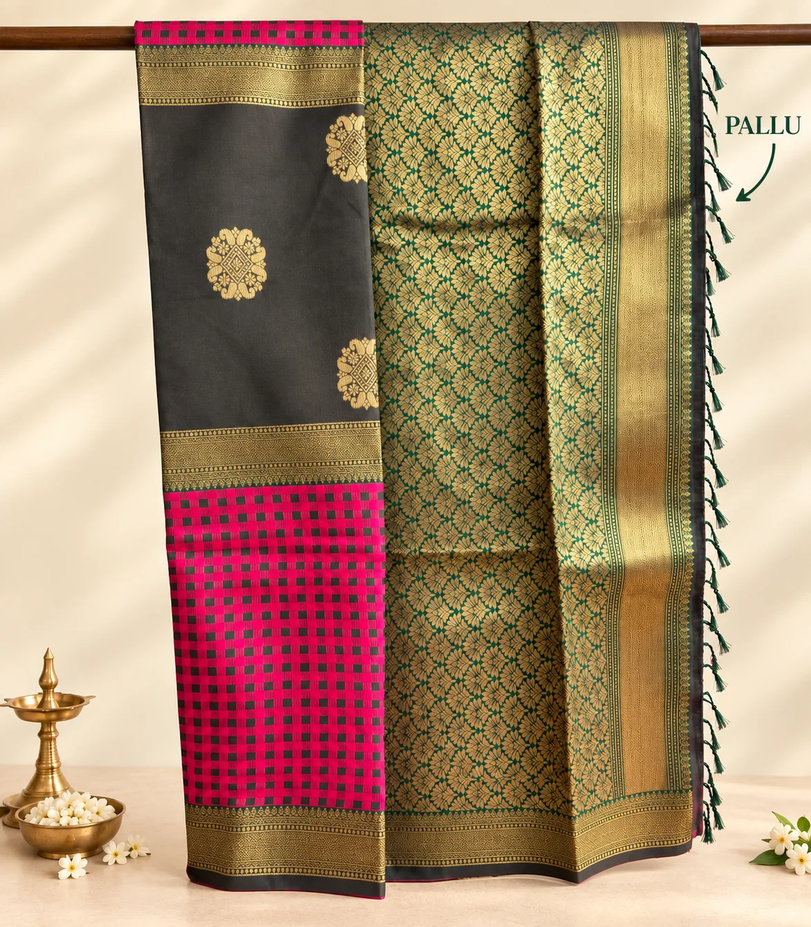 2382 Traditional Deep Bottle Green and Majenta  Semi Silk 3 part Saree with Checked Body & Brocade Pallu