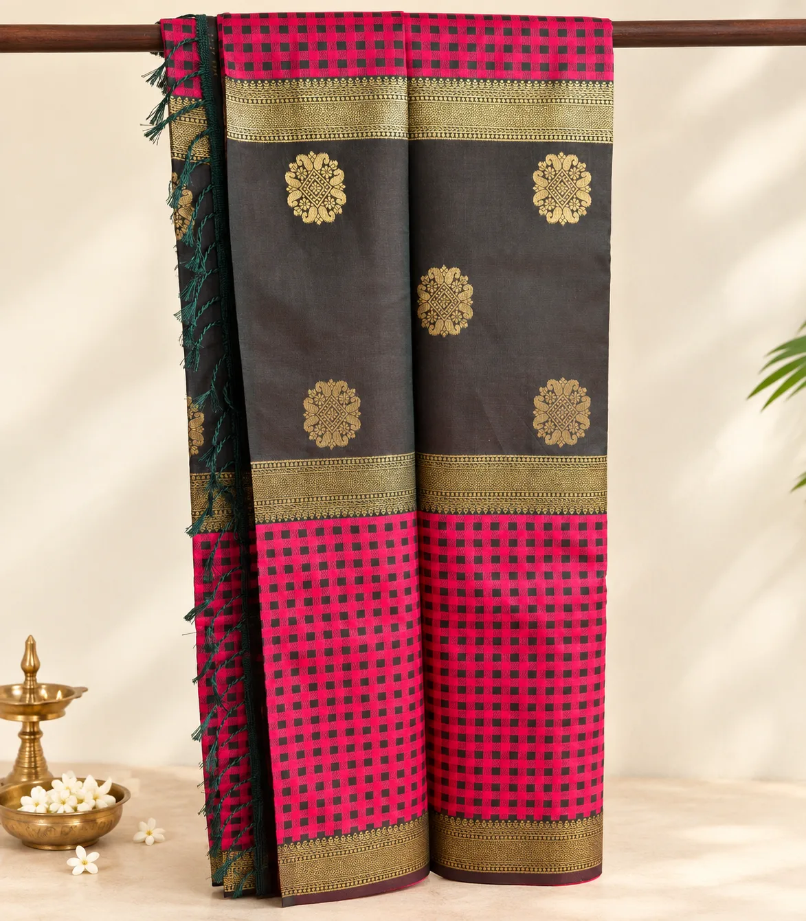 2382 Traditional Deep Bottle Green and Majenta  Semi Silk 3 part Saree with Checked Body & Brocade Pallu