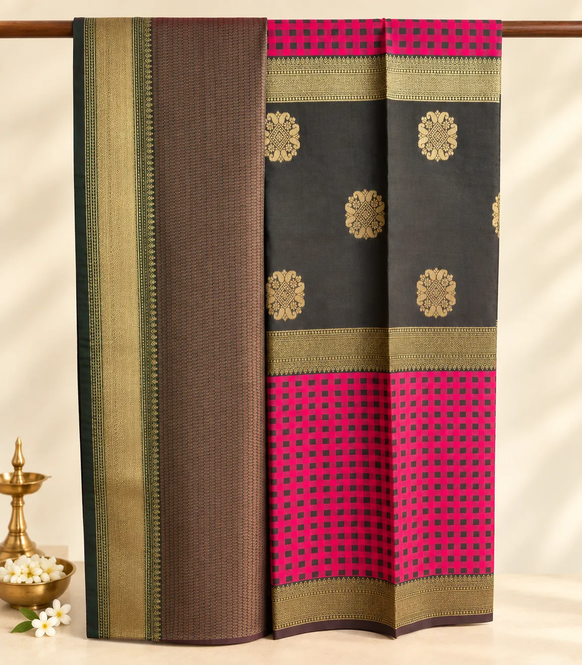 2382 Traditional Deep Bottle Green and Majenta  Semi Silk 3 part Saree with Checked Body & Brocade Pallu