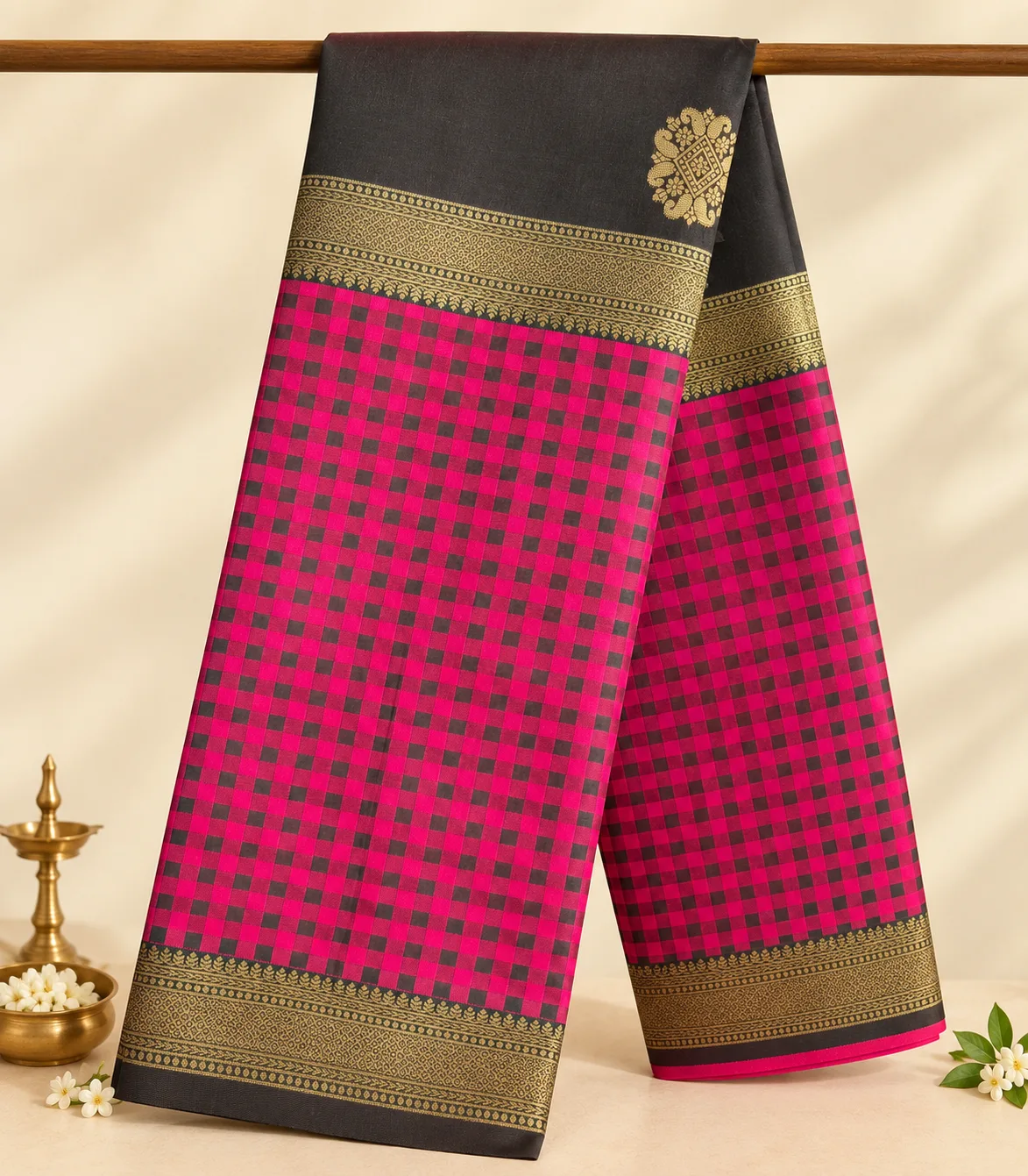 2382 Traditional Deep Bottle Green and Majenta  Semi Silk 3 part Saree with Checked Body & Brocade Pallu