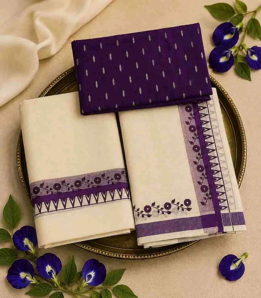 2345 Kerala Cotton Set Mundu with Purple Floral Border and Matching Blouse Material