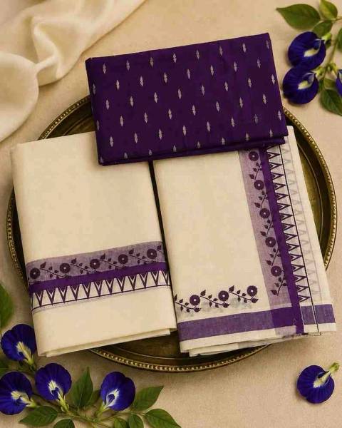 2345 Kerala Cotton Set Mundu with Purple Floral Border and Matching Blouse Material — shop at GeeStores