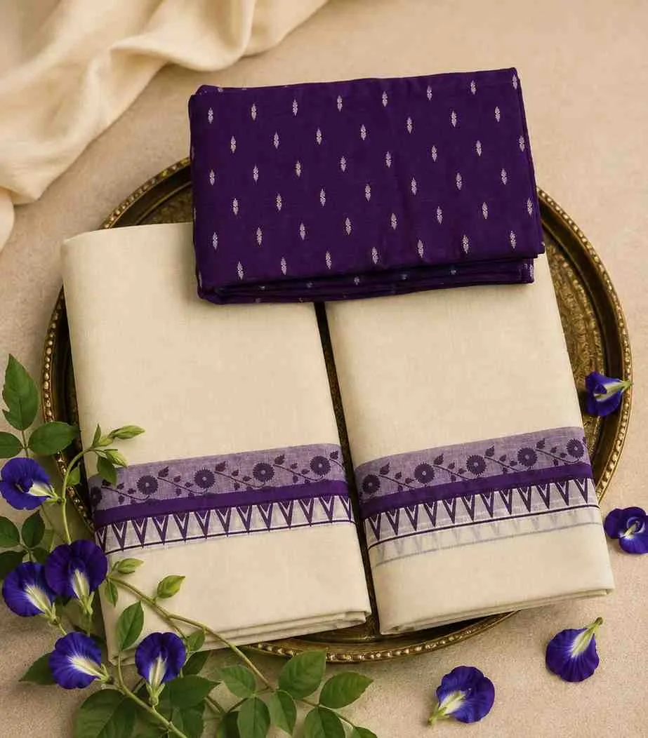 2345 Kerala Cotton Set Mundu with Purple Floral Border and Matching Blouse Material